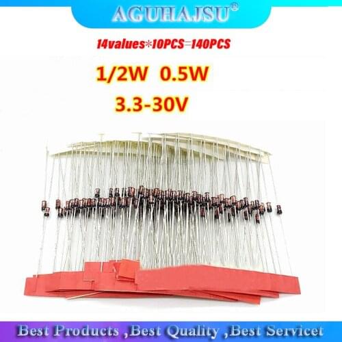 14values*10PCS=140PCS 0.5W regulator 3.3v-30v 1/2w Diode component Assorted kit package new and original