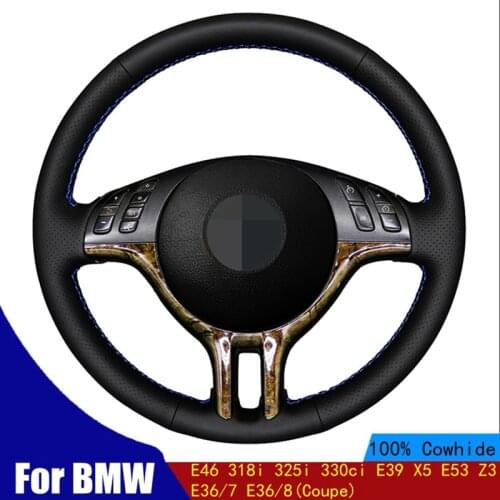 Car Steering Wheel Cover Hand-stitched Black Genuine Leather For BMW E46 318i 325i 330ci E39 X5 E53 Z3 E36/7 E36/8(Coupe)