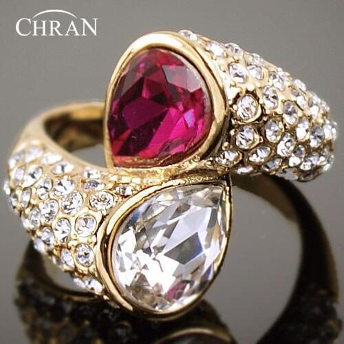 Chran Elegant Gold Color Love Heart Design Crystal Wedding Rings for Women