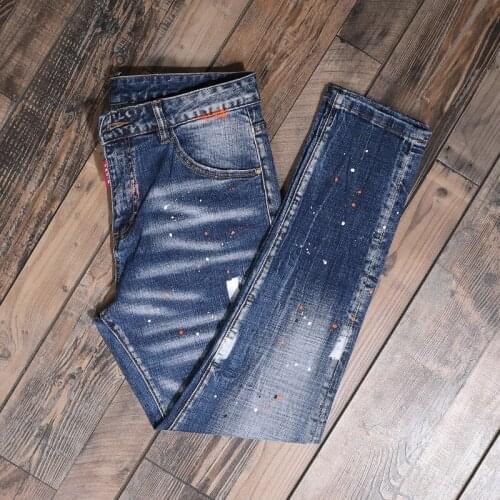 Men Jeans Slim Fit Elastic Destroyed Ripped Denim Trousers Painted Spliced Designer Fashion Streetwear Hip Hop Punk Biker Pants