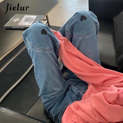 Jielur Spring Summer New Jeans Women Love Embroidery Stitching Jean High Waist Loose Street Straight Pants 2021 Female Vaqueros