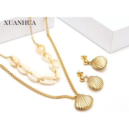 XUANHUA Shell Multi Layer Necklace Earrings Set Conch Stainless Steel Jewelry Sets Women Accessories Fashion Jewelry