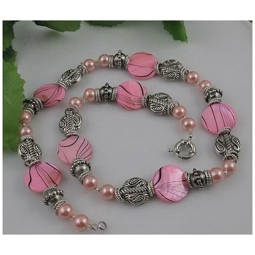 Unique Pearls jewellery Store,Tible Silver Beads Pink Color Shell Pearl Necklace,Charming Women Gift Jewelry