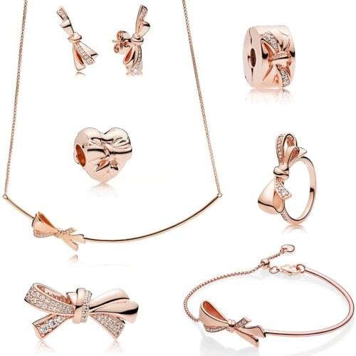 Fashion Elegant 925 New Silver Shiny Bow Earrings Clear Bracelet DIY Bead Set Classic Charm Lady Clavicle Chain Birthday Gift