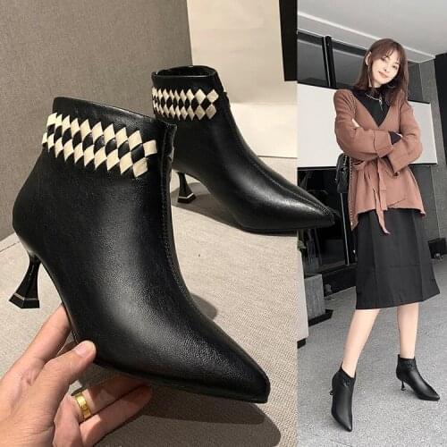 New Fashion Leather Ankle Boots Women High Heels Zipper Pointed Toe Autumn Winter Woman Shoes Stiletto Heel Black Q10-77