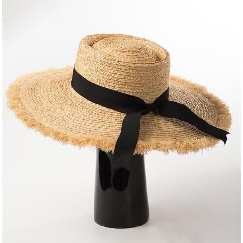 New round flat top bow ribbon Lafite large brim hat summer ladies sun flash beach hat wide brim floppy hat womens sun