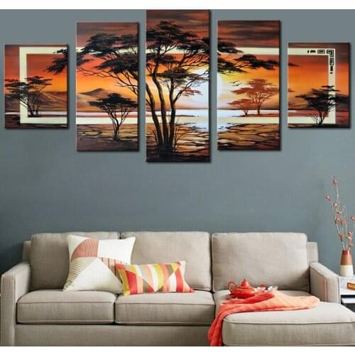 Handpainted Modern Abstract Landscape Canvas Art Wall Picture Sunrise Forest Wall Decor Landscape Oil Painting on Canvas 5 Panel
