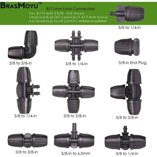 BRASMOYU 8/11mm Water Hose Connector Plug Garden Irrigator Lock Coupling Adapter 3/8'' with 1/4" 6.0mm Watering Joint for Tubing
