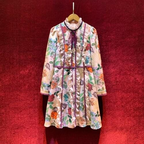Style of vintage New printing heavy industry lotus leaf stitching long sleeved slim dress