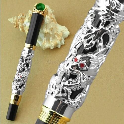 Jinhao Vintage Dragon King Rollerball Pen , Metal Embossing Green Jewelry on Top, Silver Drawing Office & School Pens