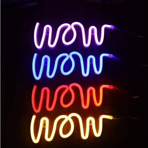 WOW Sign Neon Wall Lamp for Bedroom Decoration Home Festival Party Indoor Atmosphere Lighting Holiday 5V USB Powered Battery
