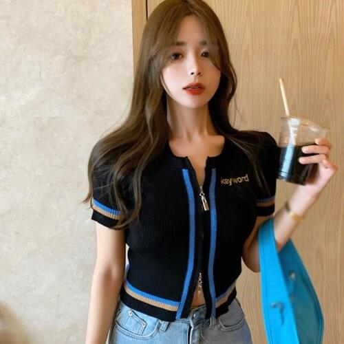 Womens Fashion Round Neck Zipper Sexy Casual Navel Exposed Short Sleeved Knitted Cardigan Summer Clothes