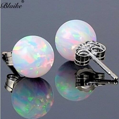 Blaike Charming White Spherical Fire Opal Stud Earrings For Women 925 Sterling Silver Earring Girls Wedding Party Jewelry Gifts