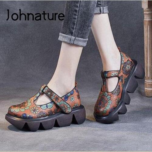 Johnature Pumps Women Shoes Genuine Leather Wedges Retro 2021 New Print Round Toe Hook & Loop Autumn Handmade Ladies Shoes