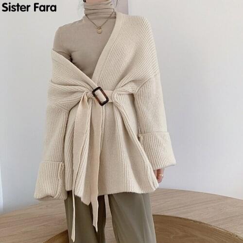Sister Fara Autumn Winter Full Sleeve Belted Women Solid Sweaters Tops Fashion V-neck Warm Loose Female Knit Cardigans Sweater