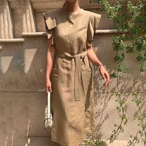 Plus Size Women Dress Summer Casual O-neck Sleeveless Female Sundress Soft Ruffle Mid-Calf Belt Women Elegant Midi Dress