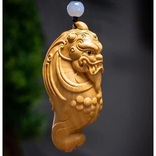7cm Pixiu Boxwood Statue Chinese Feng Shui Pendant God Beast Sculpture Wood Mascot Home Decor