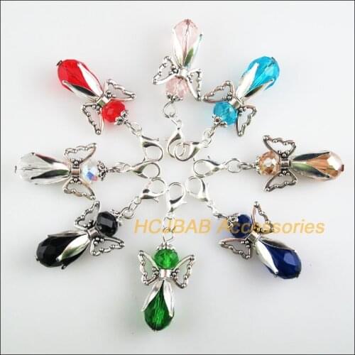 8Pcs Tibetan Silver Tone Retro Mixed Teardrop Crystal 18x34mm Angel With Lobster Claw Clasps Charms