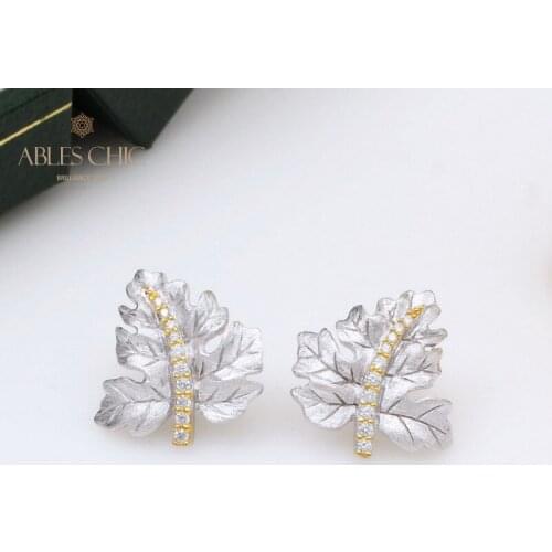 925 Sterling Sliver Leaves CZ Earrings Nature Element Handmade 18K Gold Two Tone Trees Earring Vintage Studs C11E4S25141