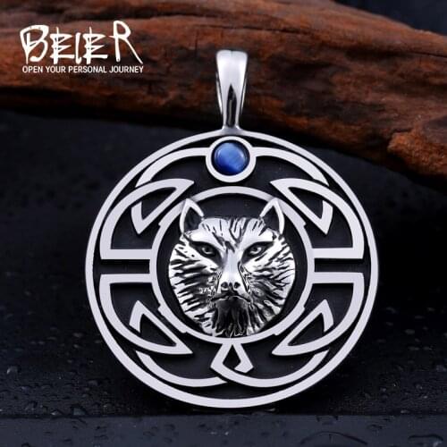 BEIER Cool Punk Wolf Northern Europe Viking Stainless Steel Pendant Necklace With Blue Stone High QualityBiker Jewelry BP8-232