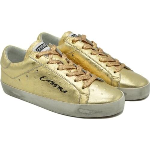 CANGMA Luxury Brand Women Shoes Platform Sneakers Gold Girl Flats Patent Genuine Leather Shoes Golden Designer Sneaker