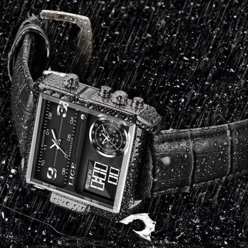 2021 LIGE Brand Men Sports Watches 3 Time Zone Big Man Fashion Military LED Watch Leather Quartz Wristwatches Relogio Masculino