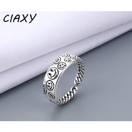 CIAXY 925 Sterling Silver Happy Smiling Face Open Rings for Women Punk Hip Hop Adjustable Ring Vintage Thai Silver Jewelry Gift