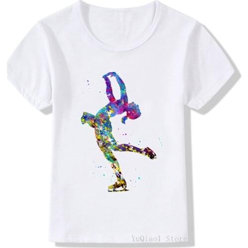 Watercolor ice skating girl print gym design kids t shirt cute summer top girls clothes white DIY custom tshirt child t-shirts