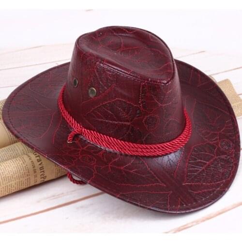 European and American cowboy hat leather with rope leaf print pattern knight hat outdoor hat sun hat men and women hat wholesale