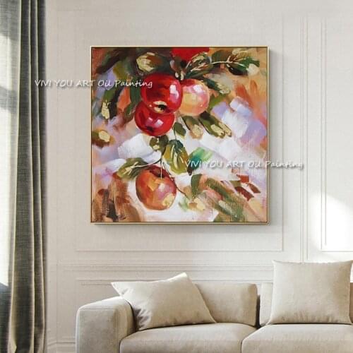 The Fresh Fruit Apple Original Handmade Painting Modern Artwork Pictures Thick Oil Wall Art Cherry Green Leaf for Kichen Decor