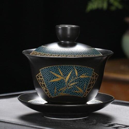 Chinese Teaset Classical Gaiwan Tea Cups teaware Black Clay Tureen 180ml Lid Bowl Saucer Traditional Handmade Tea Brew Tea Cup