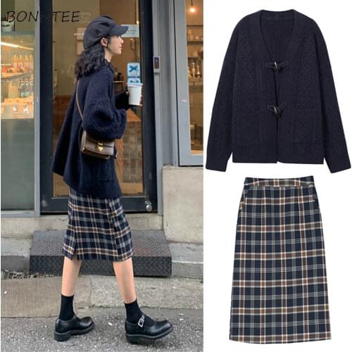 Women Sets Autumn Two Piece Casual Oversize Cardigans Kawaii Buttons Retro Knitted Sweaters High Waist Skirts Korean Style Lady