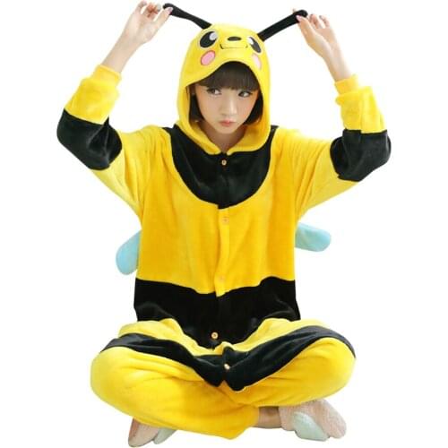 Animal Cosplay Bee Flano Costume Adult Onesies Pajama For Halloween Carnival Masquerade Party