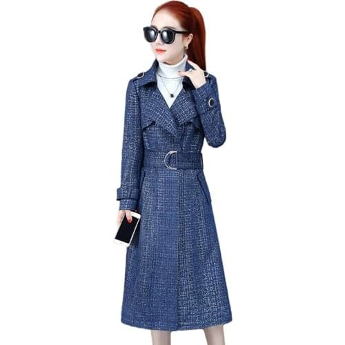 Fashion New Blue Pink Long Trench Coat for Women With Belt Lady Windbreaker Elegant Slim Spring Autumn Outerwear