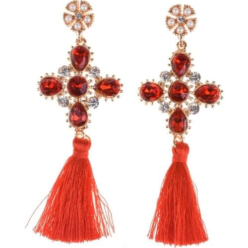 Fashion Crystal Cross Tassel Long Earrings Women Simulated Pearl Luxury Mixed Crystal Drop Dangle Earrings