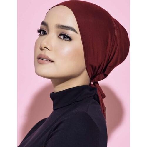 2021 Latest Islamic Muslim Ruched Elastic Cotton Jersey Stretch Tie Back Underscarf Hijab Cap Head Wrap Instant Turban Hat Scarf