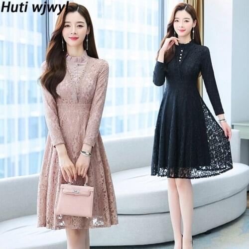 2021 Autumn Winter Plus Size Vintage Lace Midi Dress Women Bodycon Korean Black Sexy Dress Long Sleeve Casual Pink Party Vestido