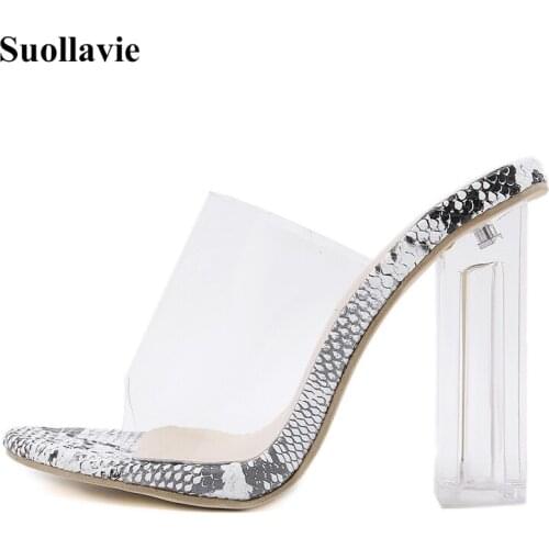 Suollavie hot fashion clear slippers leisure shoes women Transparent PVC outdoor slippers women sandals woman Snake print heels