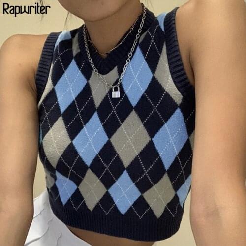 Vintage 90s Argyle Sweater Vest Women Y2K Sleeveless Plaid Knitted V Neck Crop Top Casual Autumn Preppy Style Clothes Knitwear