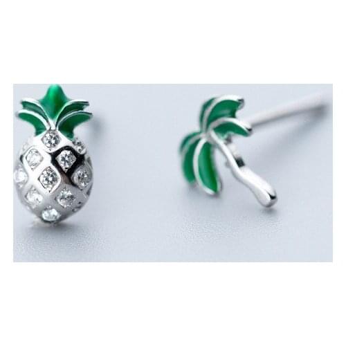 MloveAcc 100% 925 Sterling Silver Jewelry Fashion Asymmetric Fruit Pineapple Coconut Tree Stud Earrings for Women Girls