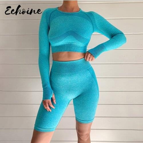 Women Fitness Tracksuit 2 Piece Set O-Neck Full Sleeve+Biker Shorts Seamless Matching Set Elastic Casual Skinny Streetwear Suits