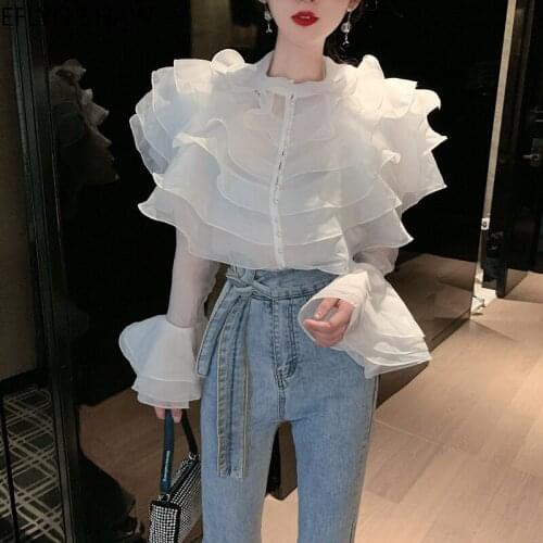 Women Organza Tops 2021 New Fashion Design Ruffled Flare Sleeves Sweet Shirt Trendy Sheer Buttons Up Blouse Purple Womens Tops