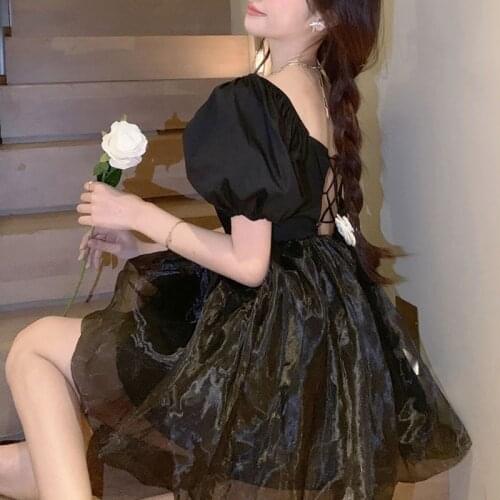 French Vintage Summer Dresses Women Design Puff Sleeve Bandage Elegant Mini Dress Females Party Fairy One Piece Dress Korean