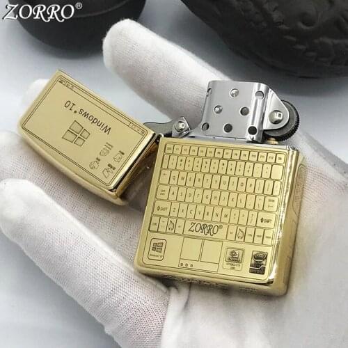 Zorro Kerosene Lighter Windproof Old Style Pure Copper Carving My Computer Pattern Gasoline Lighter Men Gift Smoking Tool
