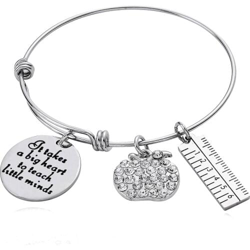 12PC Wholesale Bracelet Stainless Steel It Takes Big Heart To Teach Little Minds White Crystal Apple Ruler Bangle Teacher Friend