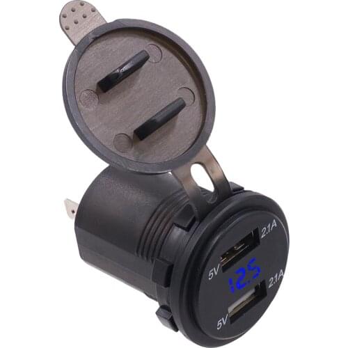 4.2A Dual USB Car Charger with Blue LED Digital Voltmeter for RV, Camper, Marine, Boat, Motorcycle, Truck, Golf Cart and More