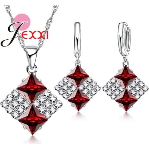 6 Colors Fashion Elegant Square Full Clear Rhinestone Bridal Wedding Jewelry Sets For Women Silver Crystal Jewellery Sets