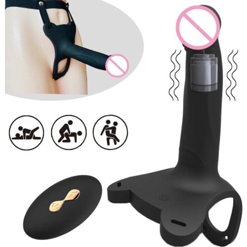 Wireless Hollow Silicone Strapon Dildo for Men Penis Pump Extend Strap on Dildo Vibrator Strap-On Penis Extender with Harness