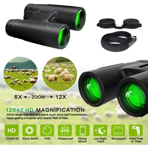 12x42 HD High Power Binoculars BAK4 Prism Multi-Layer Green Coating Portable Telescope Outdoor Camping Binoculo Verrekijker