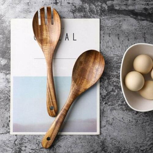 Wooden Spoon Salad Fork Large Serving Spoon Set Wood Soup Salad Spoon Utensils Handle Kitchen Server Tableware Ladle Long C1X8